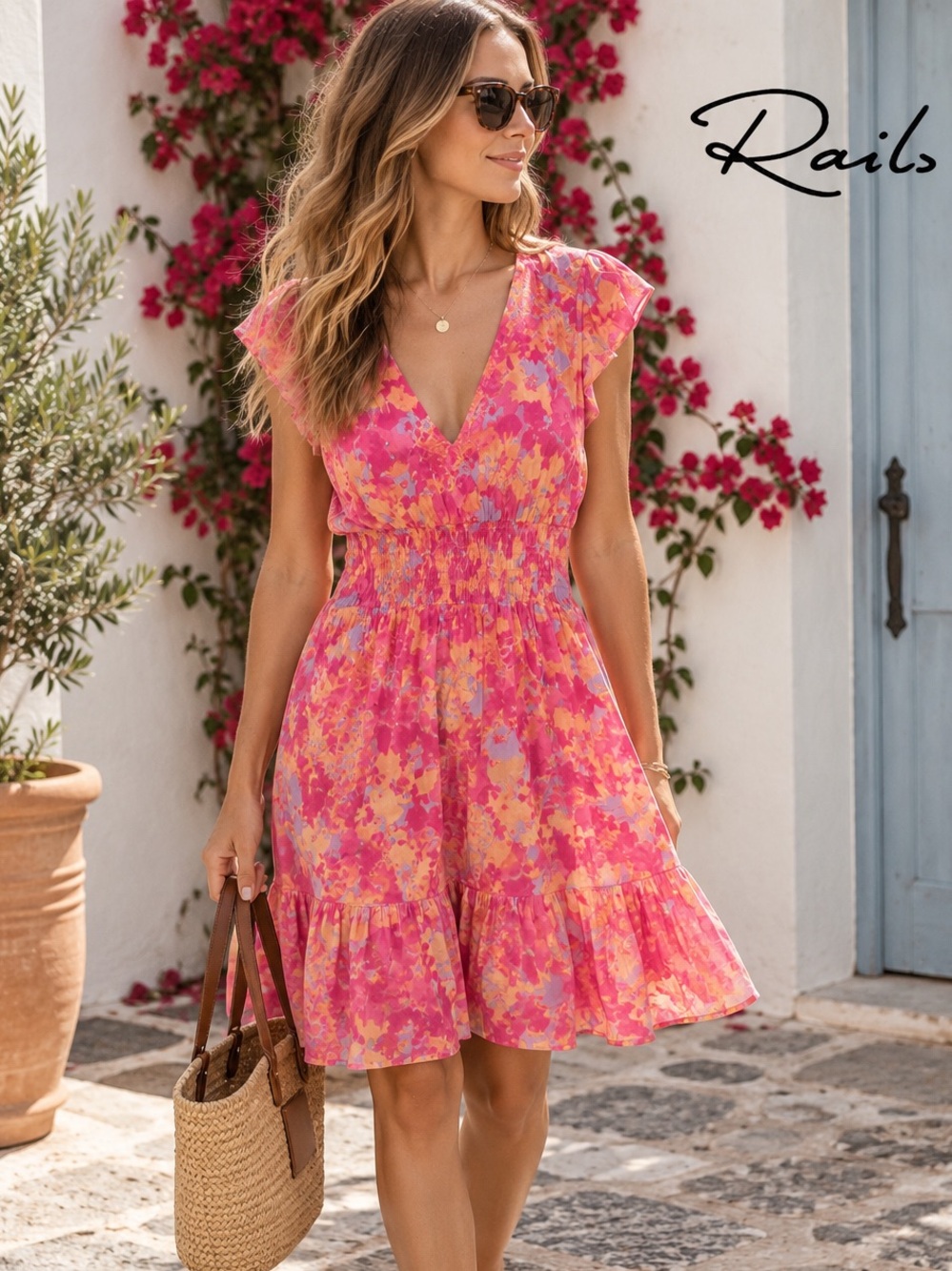 Rails Tara Passion Flower Floral Smocked Midi Dress Pink Orange Size Small